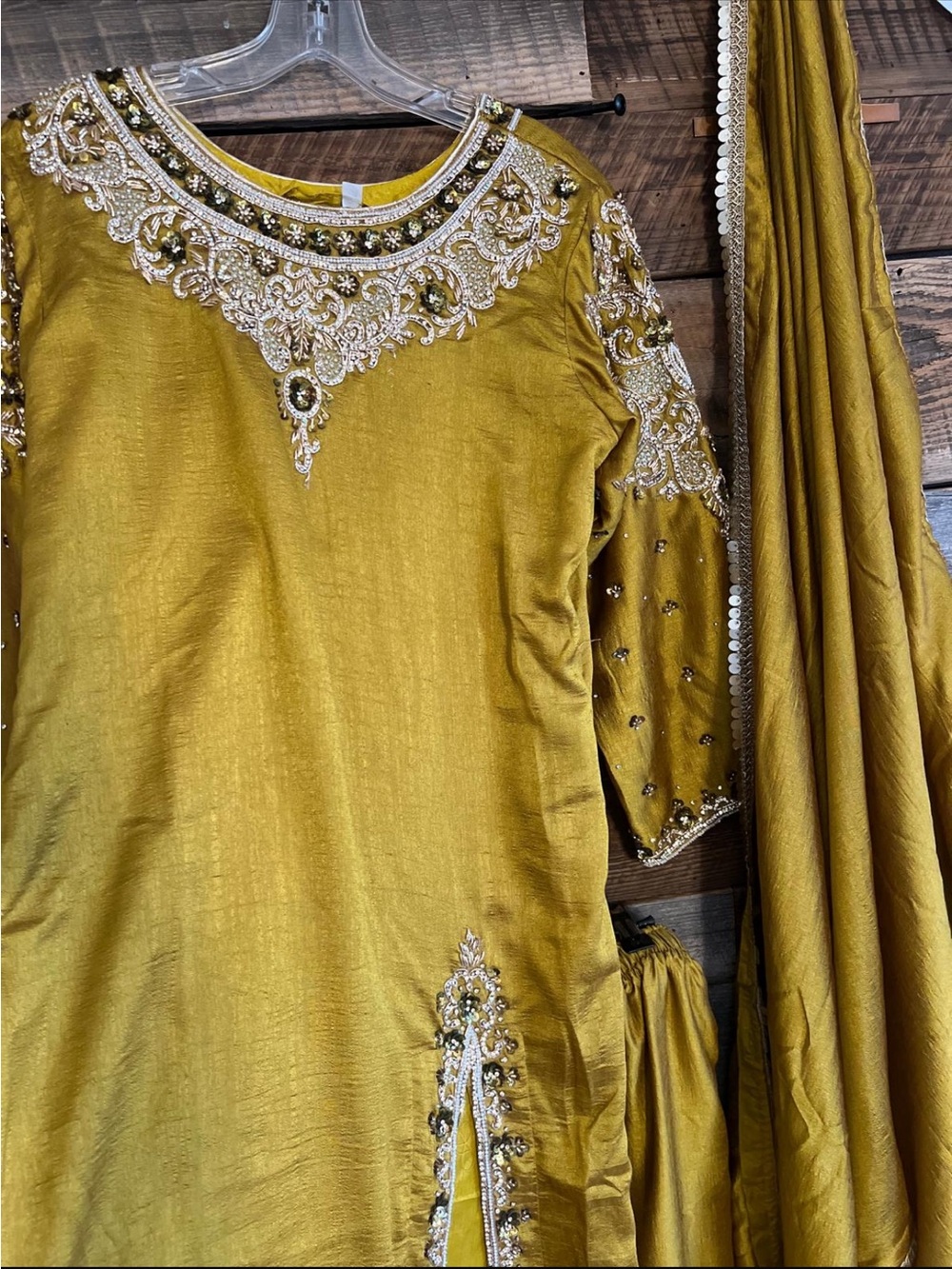 Embroidered Girls' Dress Set in Mustard Gold